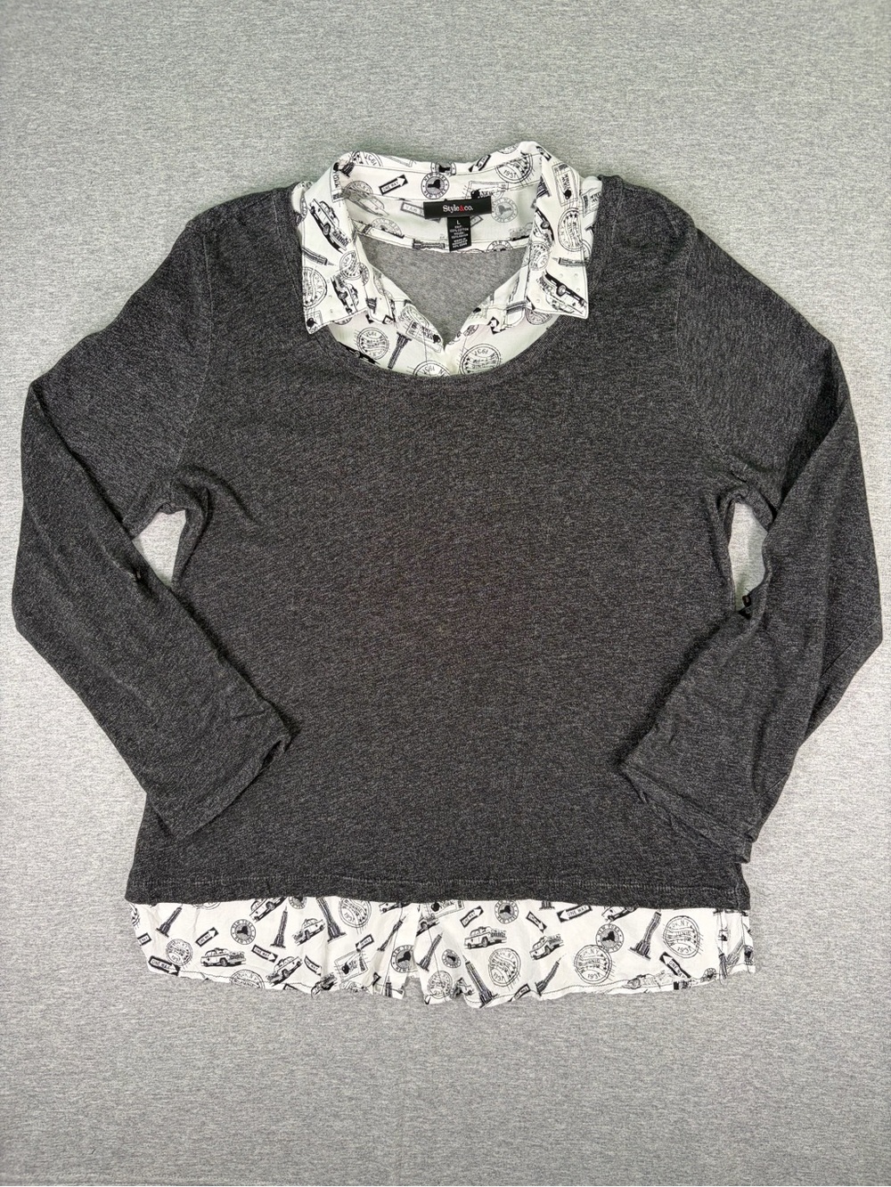 Style & Co. Charcoal Gray Layered-Look Pullover with Printed White Collar